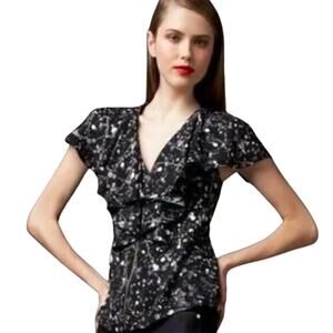 Tory Burch Blouse Top Black Paint Drip 100% Silk Zip Up Flutter Sleeve Ruffled 2